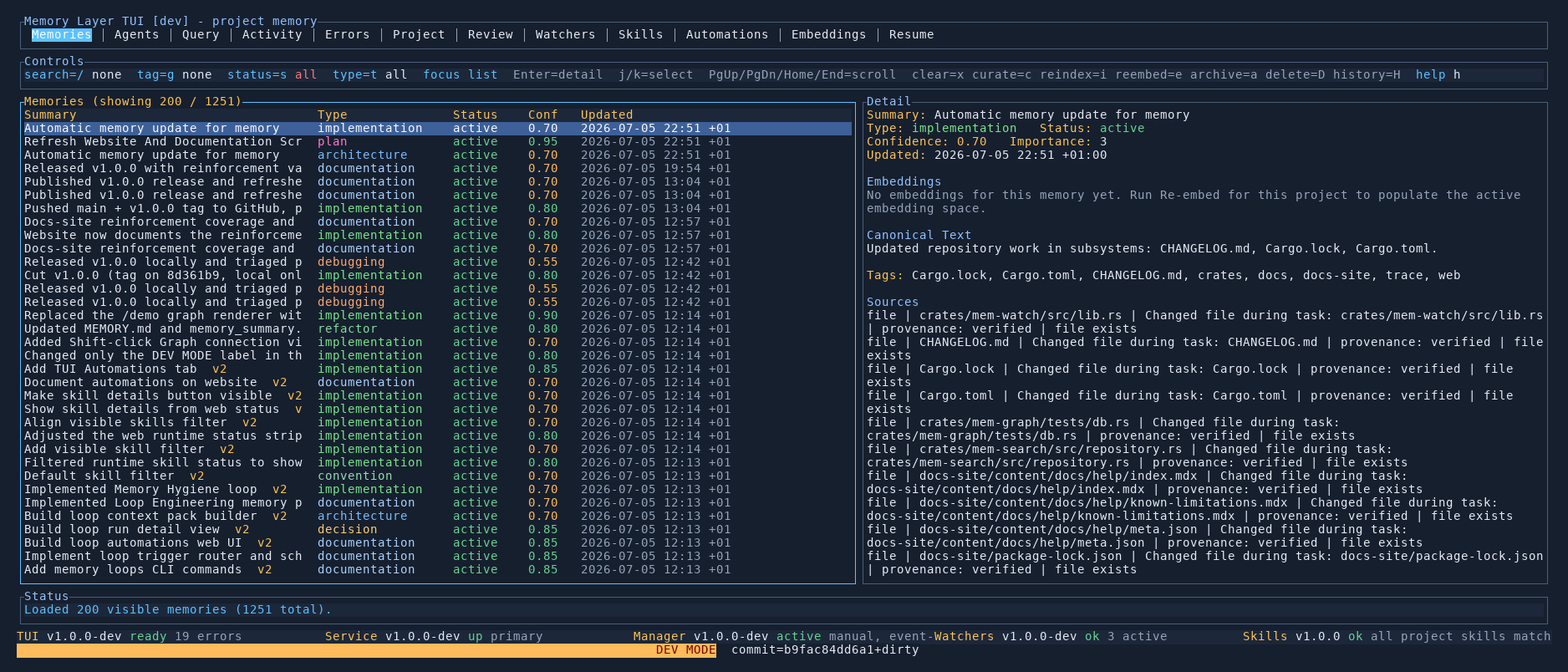 Memory Layer TUI Memories tab